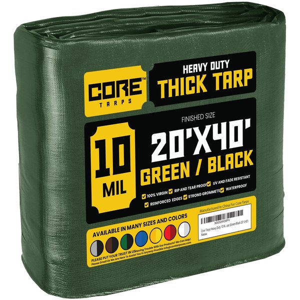 Core Tarps 40 ft L x 0.5 mm H x 20 ft W Heavy Duty 10 Mil Tarp, Green/Black, Polyethylene CT-603-20X40